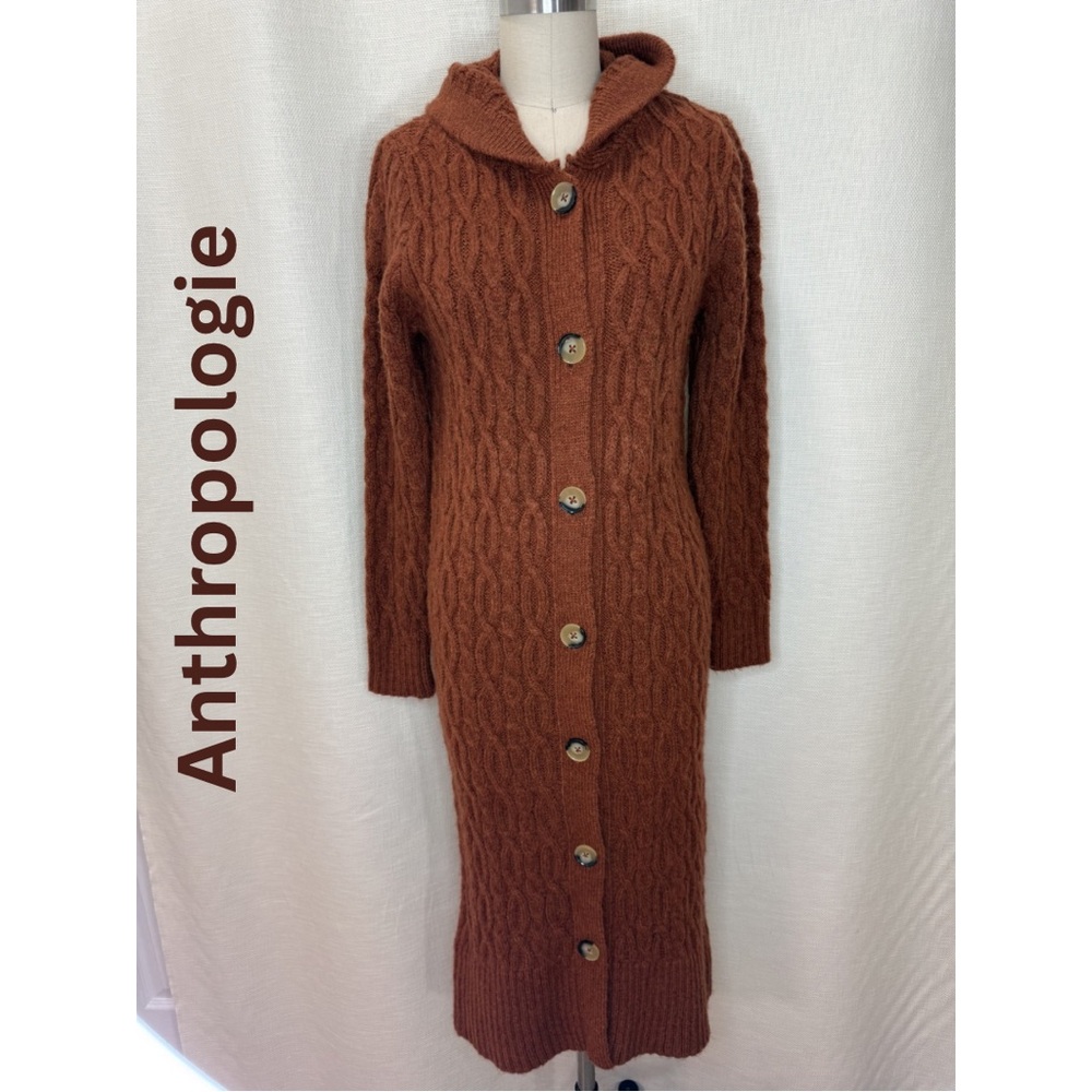 Anthropologie Sweater Dress Cable Knit Hooded Button Front Cozy Chic XS